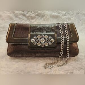 BRIGHTON Pewter Jeweled Magnetic Leather Purse Clutch